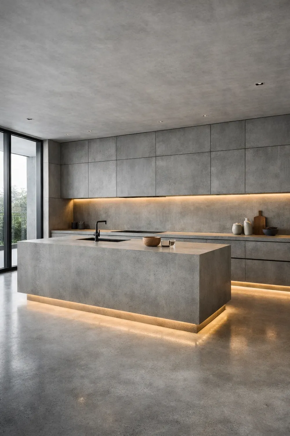 Modern concrete kitchen with large concrete island, seamless cabinets, LED lighting, and minimalist architectural design.