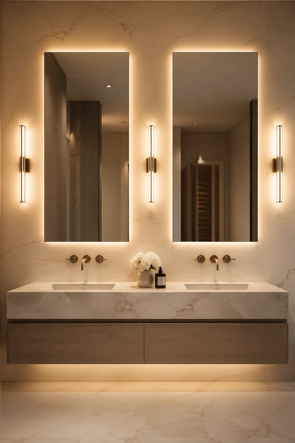 Double vanity bathroom with two mirrors and side lighting creating a balanced symmetrical luxury design