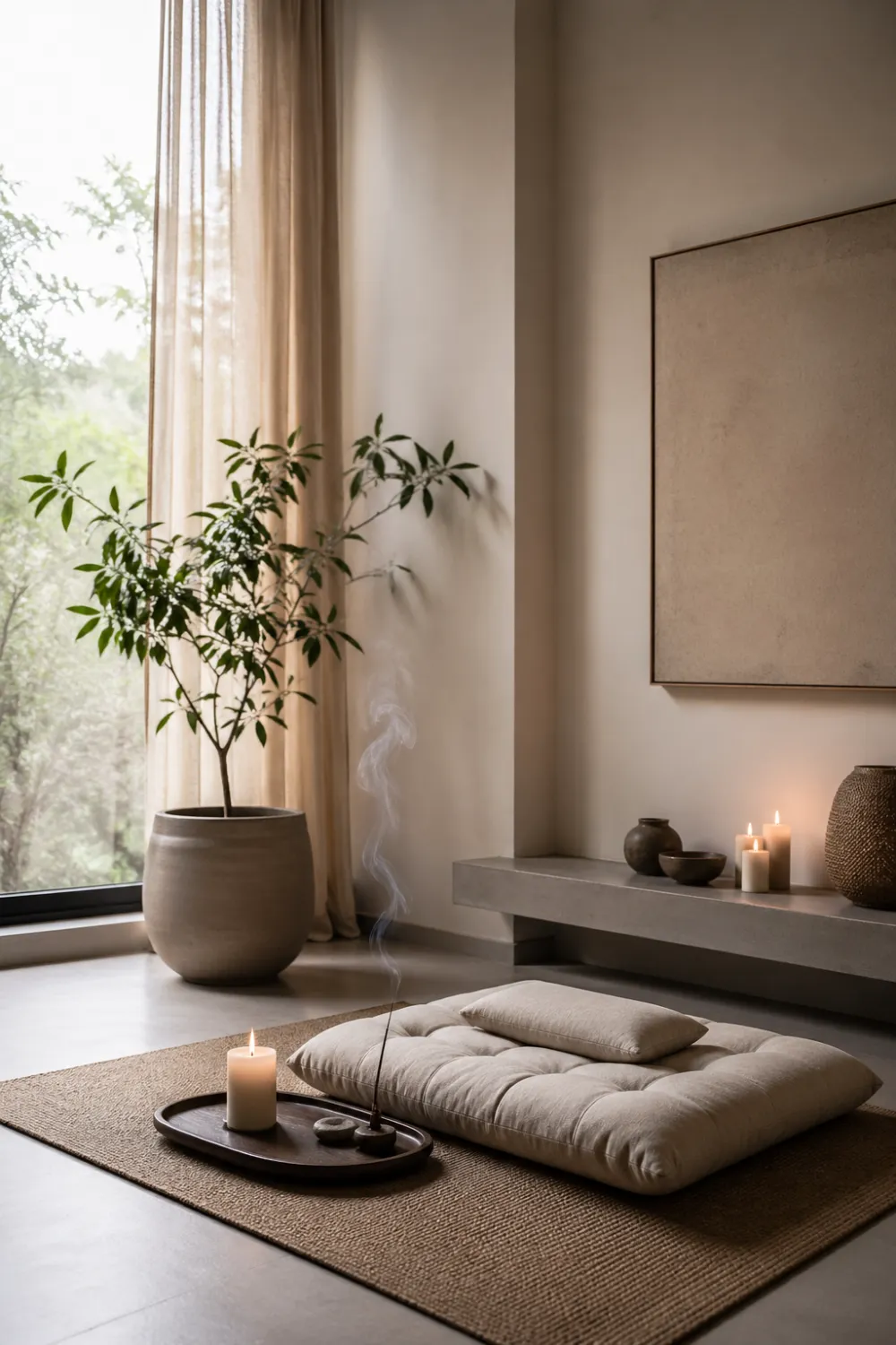 meditation corner with floor cushion candles incense minimal decor neutral tones calm zen space peaceful home setup