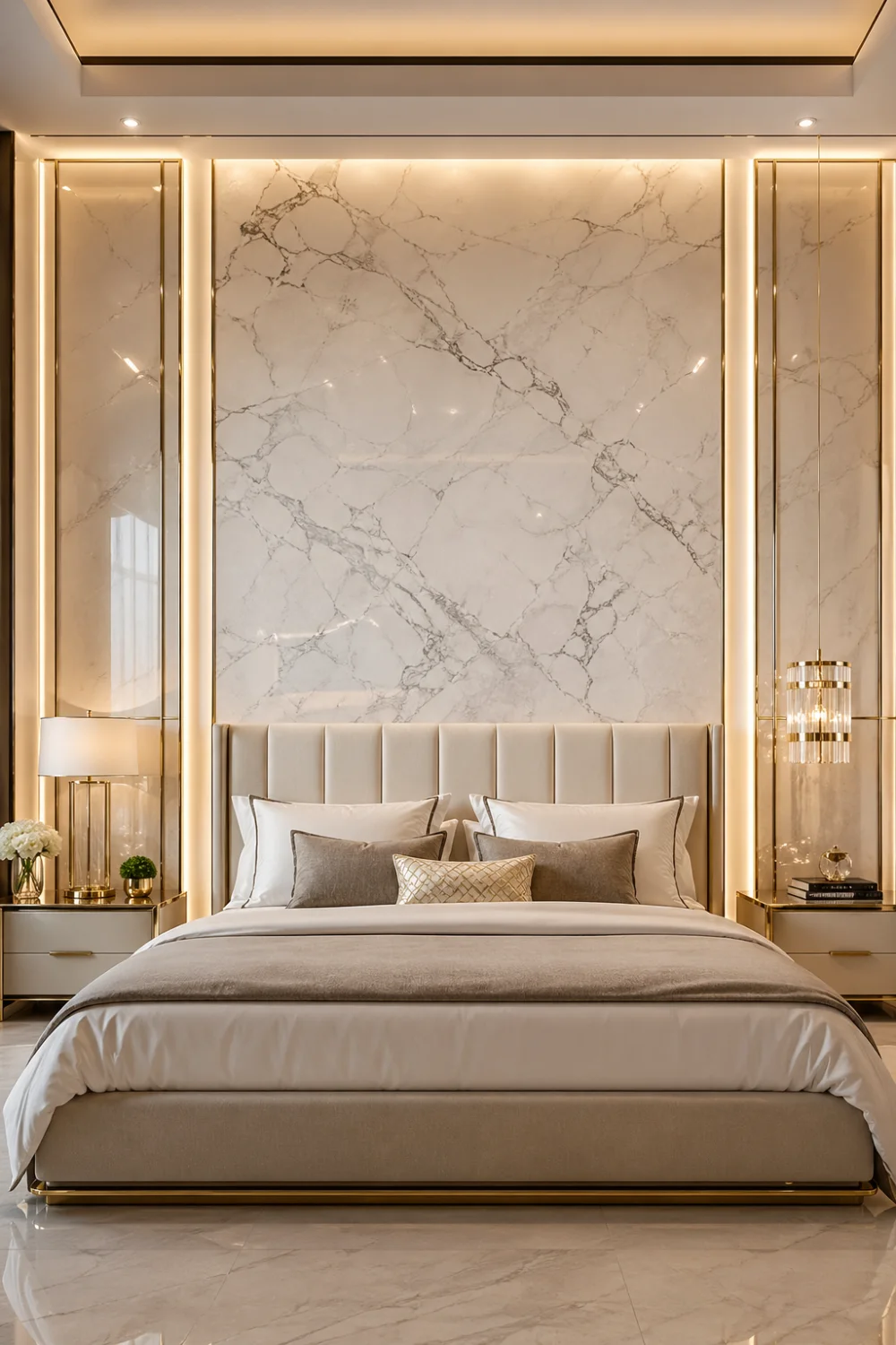 marble bedroom aesthetic with gold accents, luxury headboard, elegant lighting, modern premium bedroom decor, aesthetic marble wall bedroom inspiration