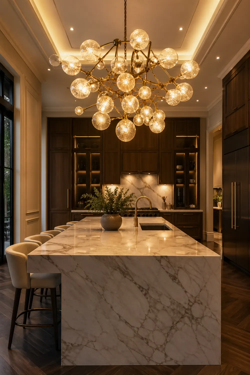 luxury kitchen with oversized chandelier featuring multiple glass globes, warm glowing lights above marble island, elegant cabinetry, high ceiling space with dramatic lighting centerpiece
