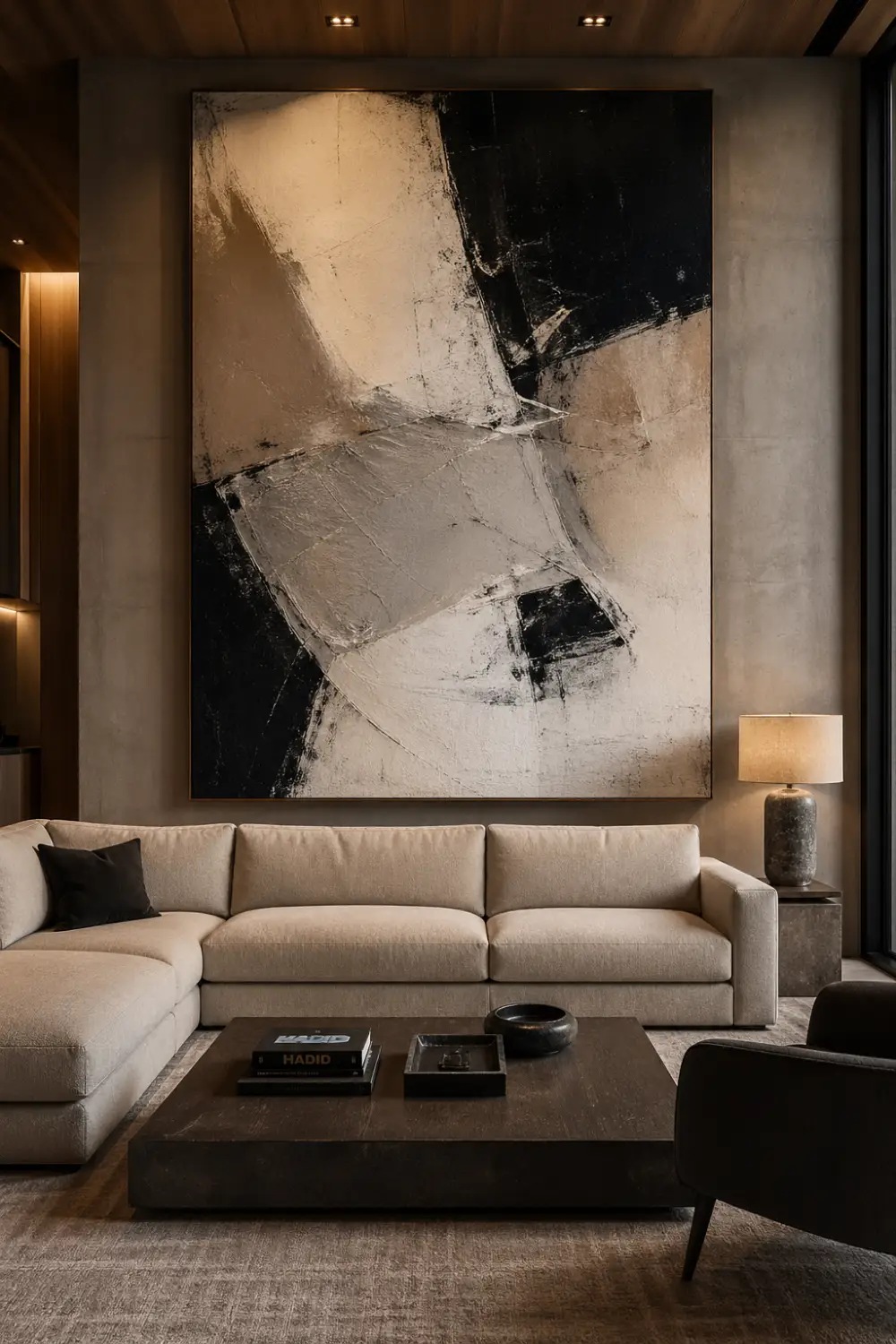 modern living room with large abstract wall art, neutral sofa, dark wood coffee table, soft lighting, artistic focal wall, contemporary interior design