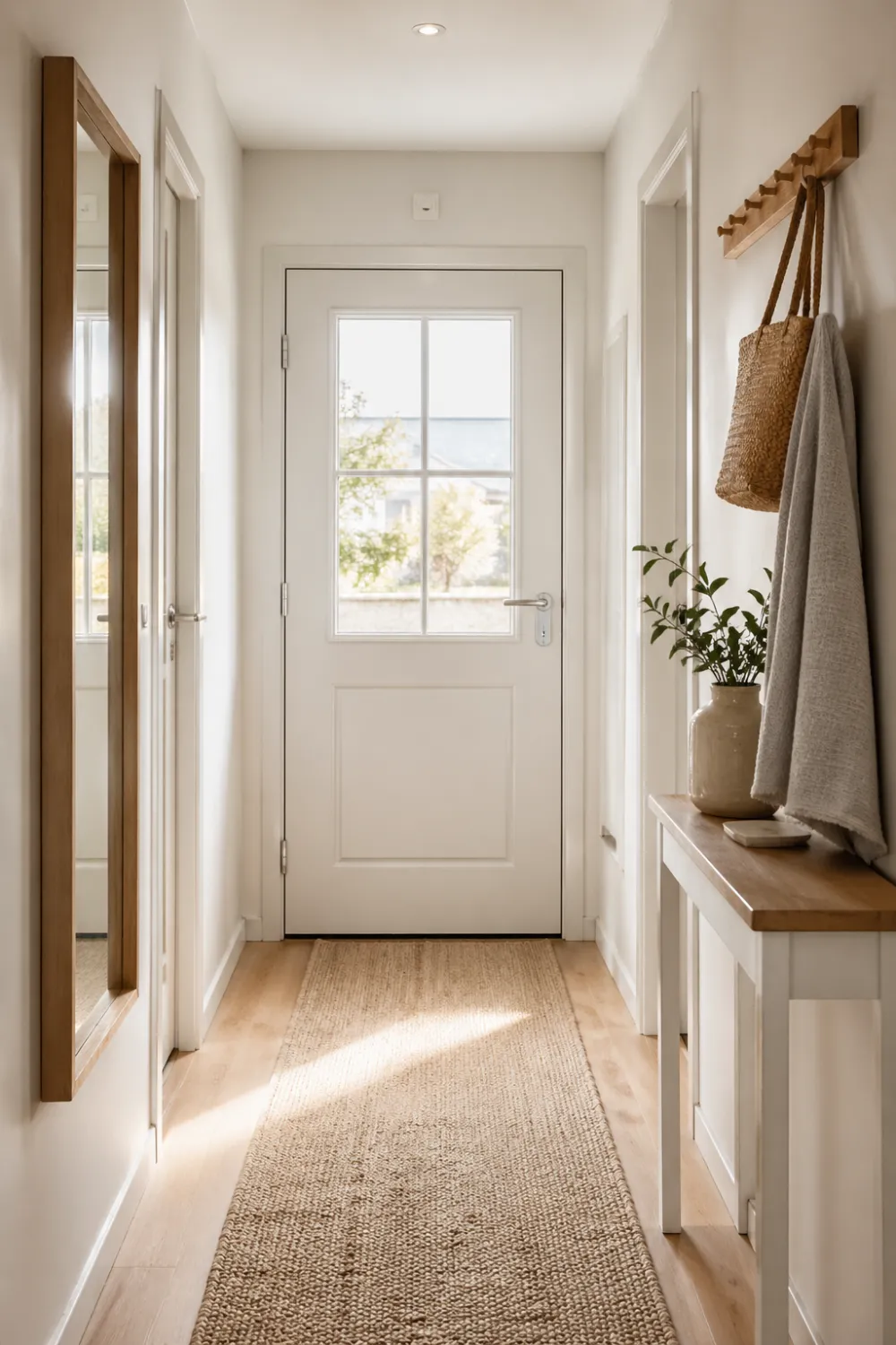 small entryway with wall hooks and mirror combo, narrow hallway decor with hanging coats and reflective mirror, minimalist entryway design, organized and stylish small space