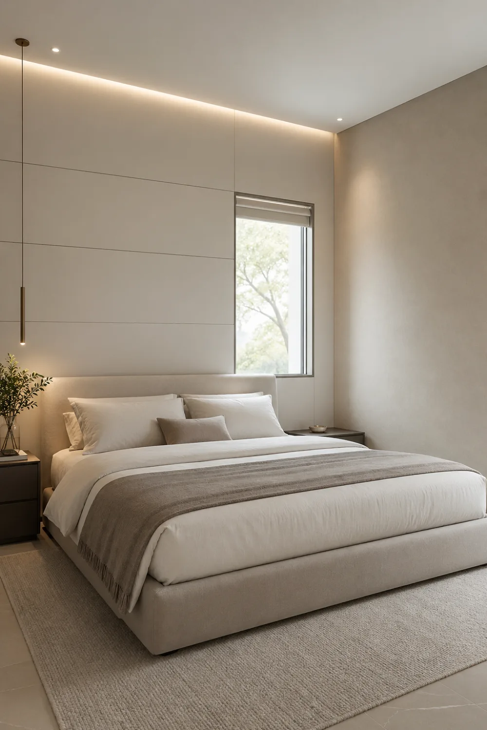 Minimal seamless panel accent wall bedroom with clean lines, integrated window, neutral tones, soft lighting, and modern minimalist decor