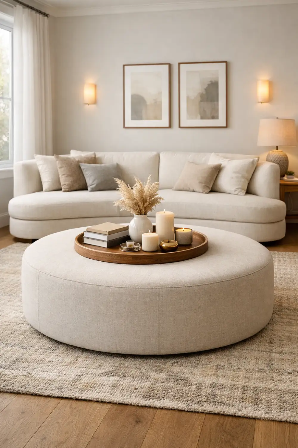 large round ottoman with tray decor in cozy neutral living room setup