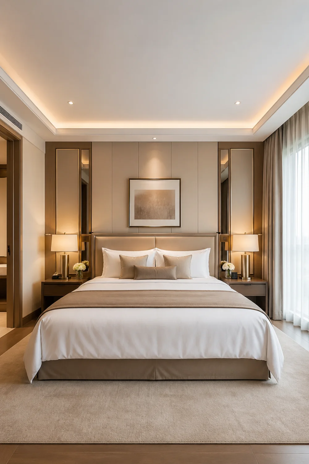 symmetrical luxury bedroom design, neutral color palette with beige tones, centered bed with layered bedding, matching bedside tables and lamps, wall panels with mirrors, soft lighting, hotel style bedroom, clean and balanced interior layout