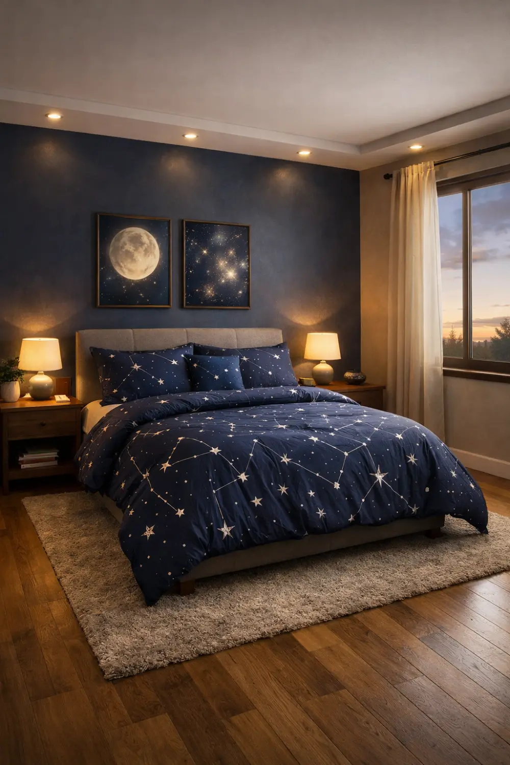 constellation bedding bedroom navy blue star pattern cozy celestial decor