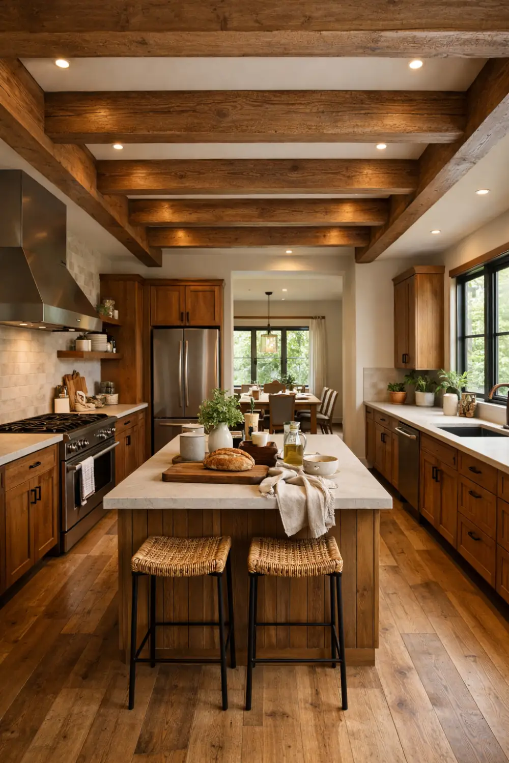 Warm wood kitchen with exposed beams, rustic modern kitchen design, natural light, cozy interior with wooden ceiling and cabinets