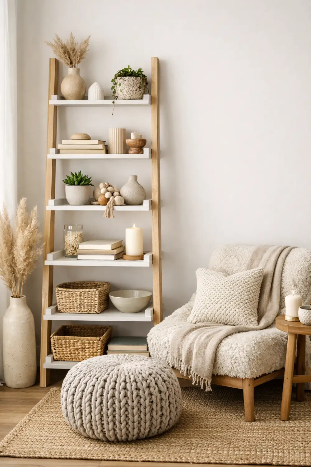 ladder shelf decor styling books plants baskets cozy corner renter friendly storage aesthetic apartment organization ideas