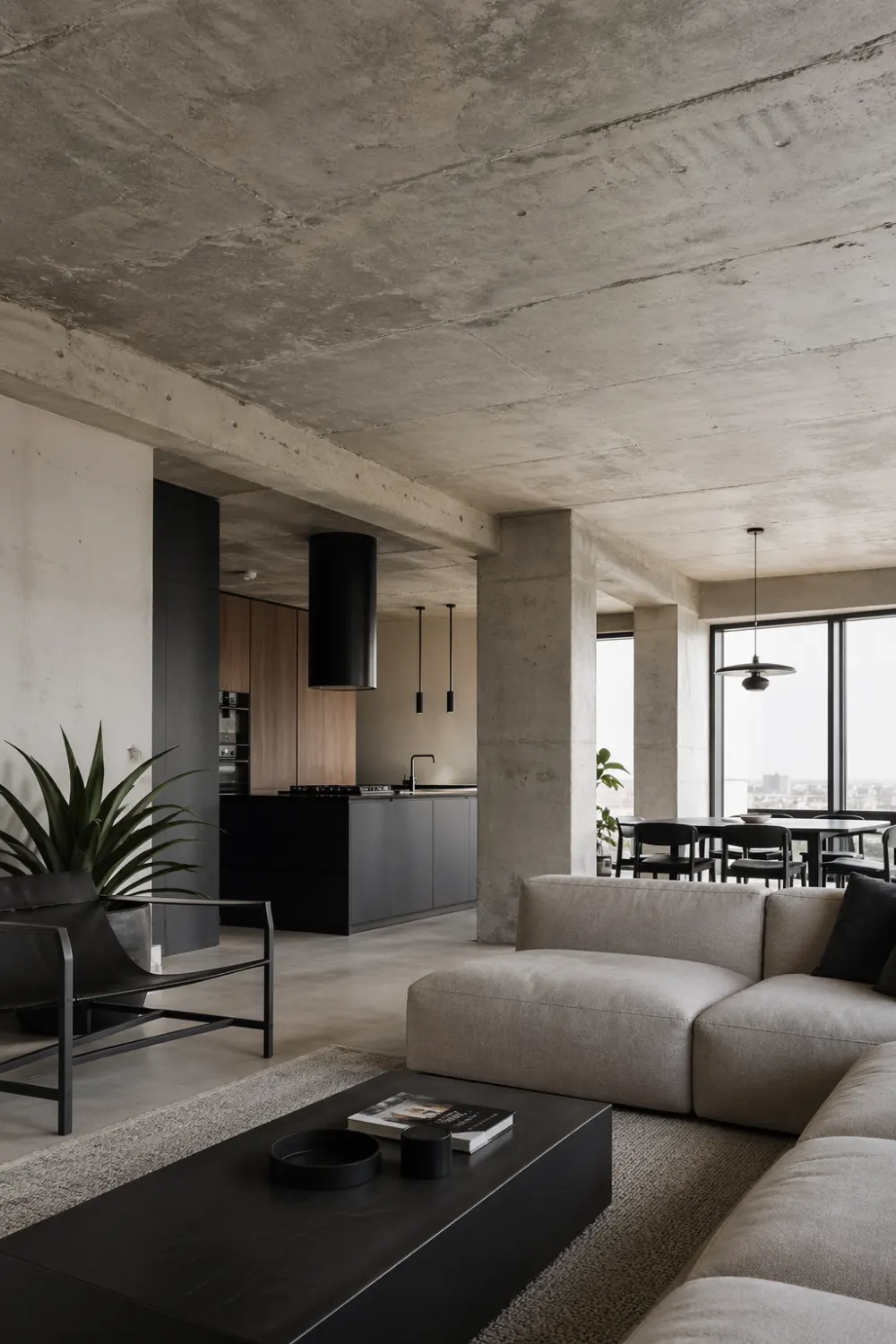 modern industrial living room with raw concrete ceiling, neutral furniture, black accents, open space, minimalist interior, industrial ceiling design