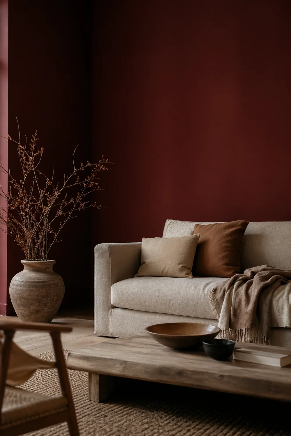 matte cherry red wall living room beige sofa wooden table soft lighting neutral decor modern calm interior design
