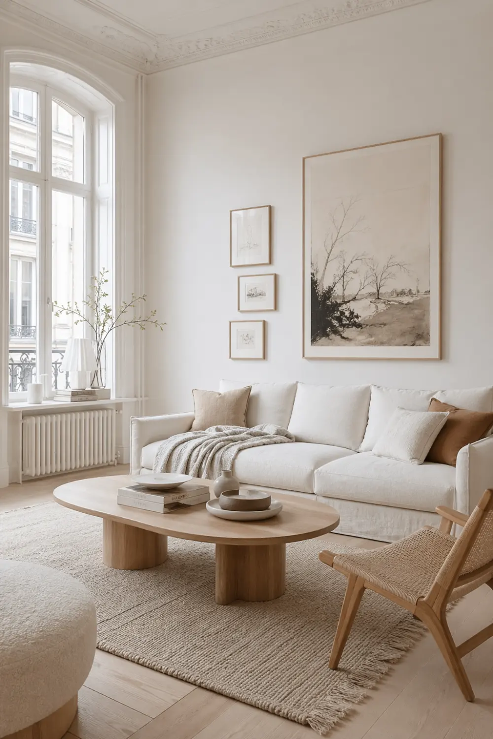 Scandinavian French country living room with light wood furniture, neutral tones, airy layout and cozy textures