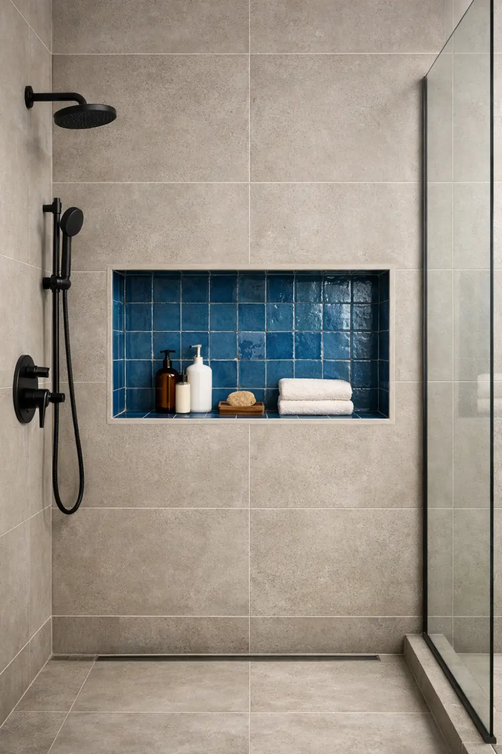 blue zellige shower niche with neutral tiles modern bathroom detail design