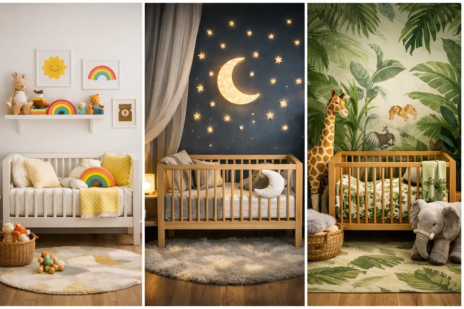 Nursery decor ideas collage featuring rainbow themed nursery, starry night baby room with moon lights, and jungle safari nursery with tropical wallpaper and wooden crib.