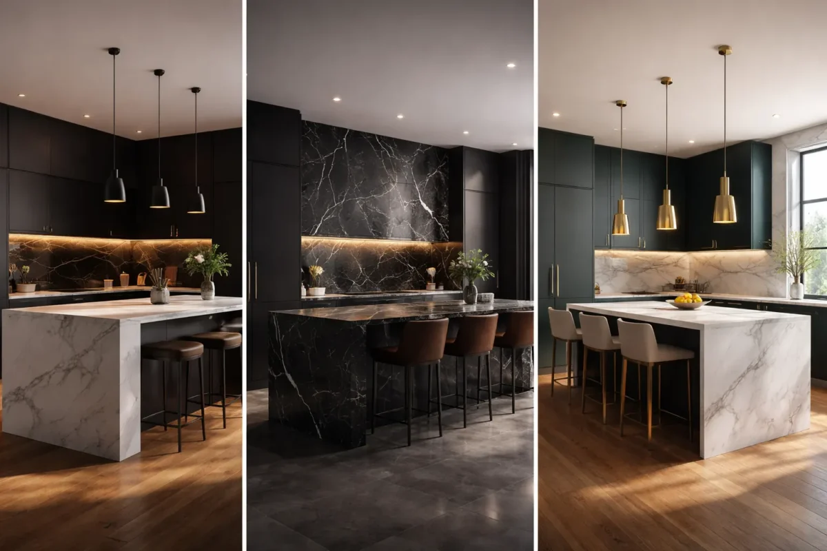 Modern dark kitchen ideas collage with three luxury kitchens featuring marble islands, black cabinets, pendant lighting, and stylish contemporary interiors.