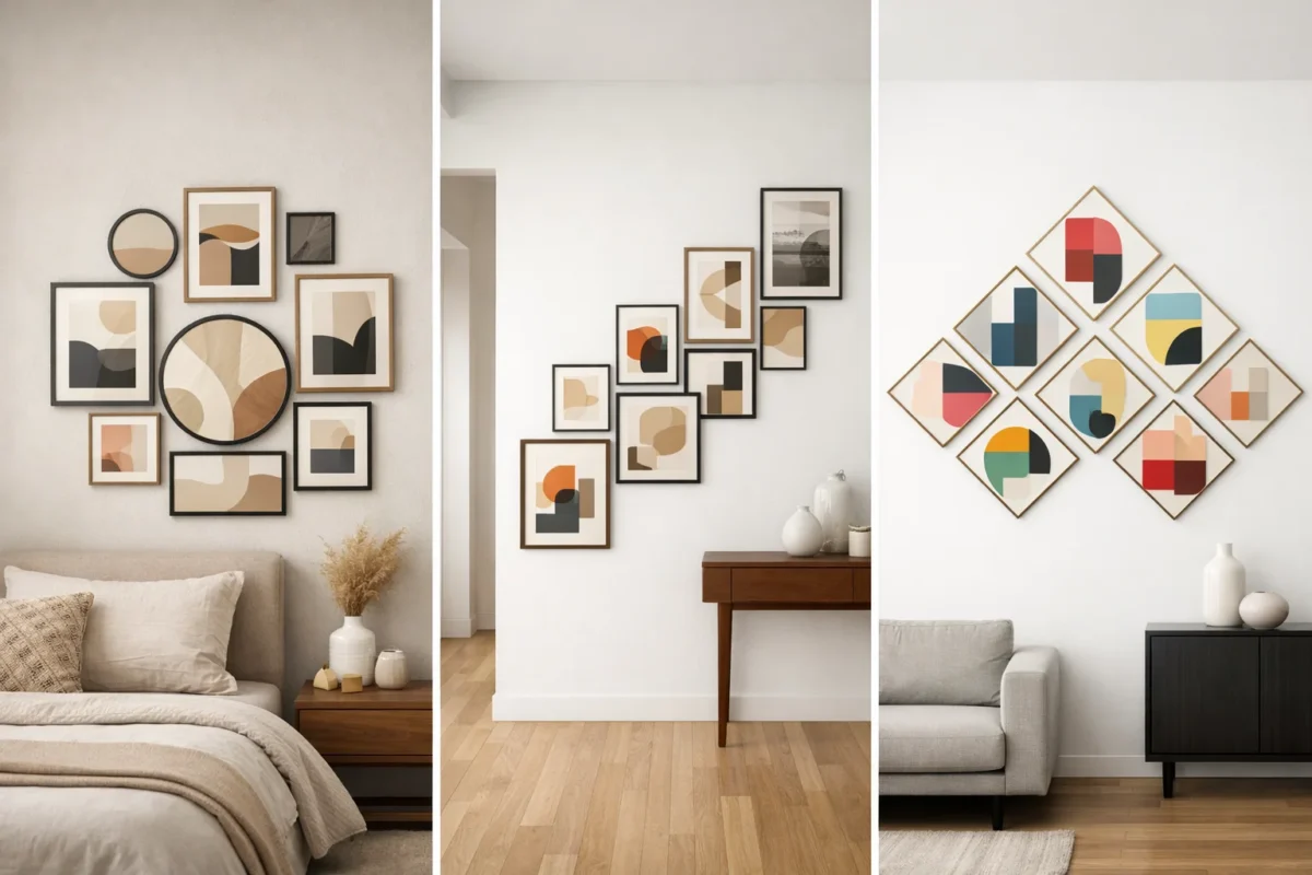 Creative gallery wall ideas layouts featuring modern abstract art frames including circular gallery wall, staircase frame layout, and diamond gallery wall design for stylish home decor