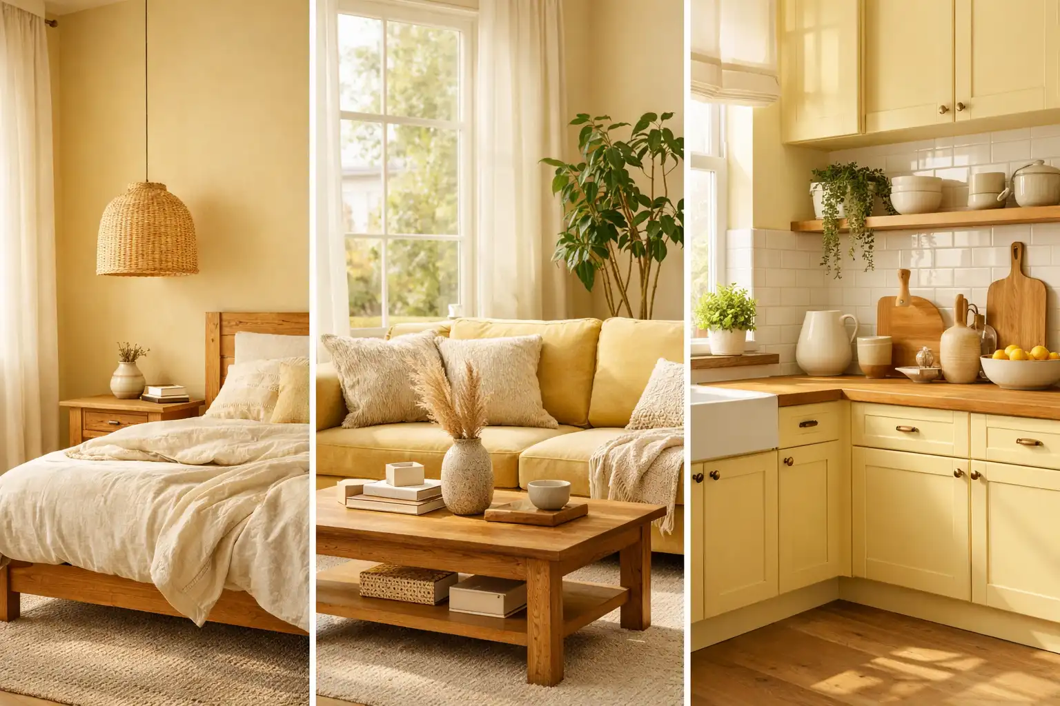 butter yellow room ideas collage cozy bedroom living room kitchen decor sunny warm home interior inspiration