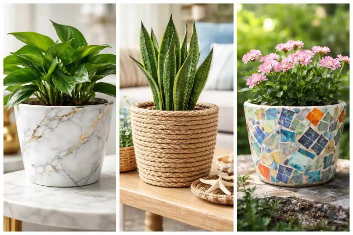 DIY planter ideas collage showing faux marble planter rope wrapped planter and colorful mosaic planter transforming cheap pots into luxury garden decor