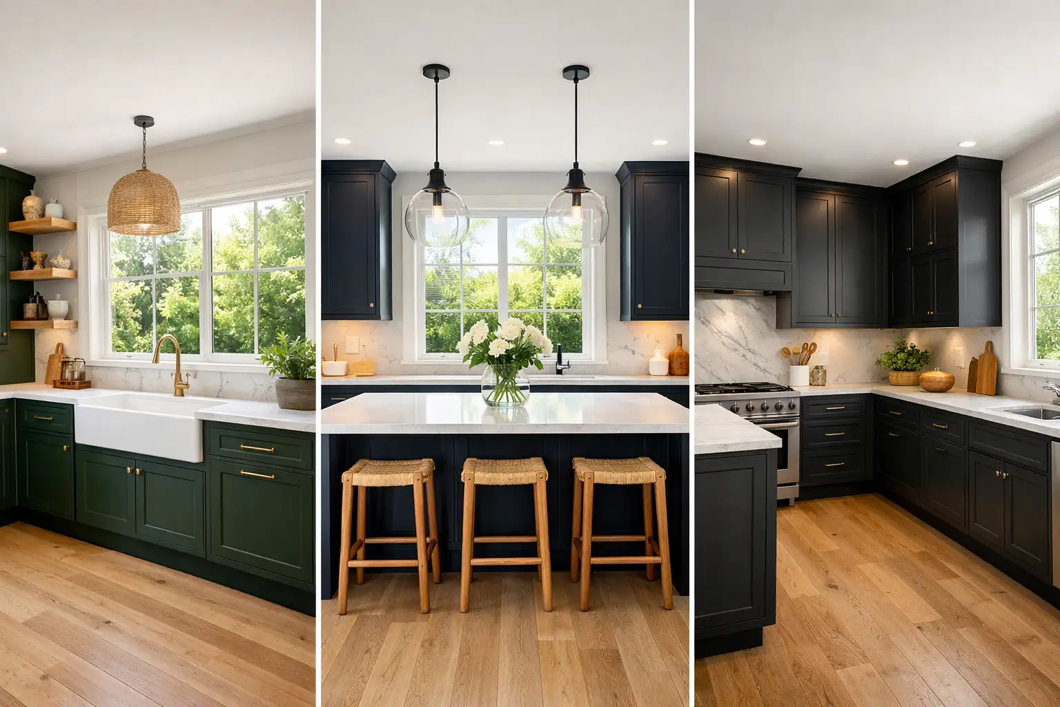 Modern dark cottage kitchen ideas collage showing three stylish kitchens with green and black cabinets, marble countertops, wooden flooring, and bright natural window lighting.