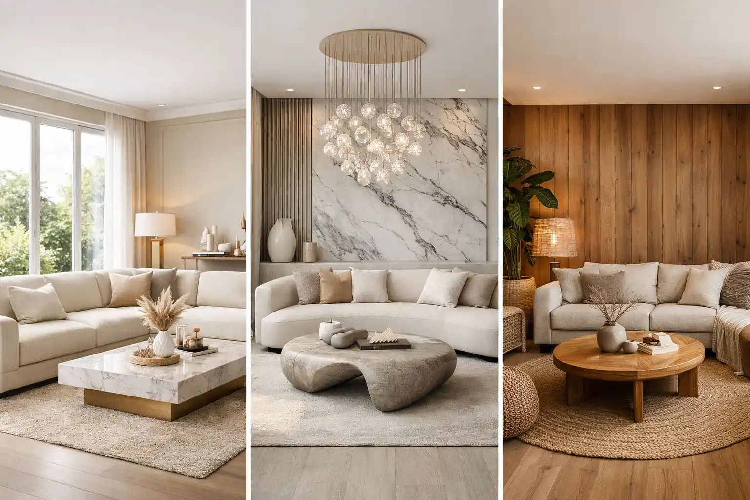 modern elegant living room design ideas collage neutral sofa marble table wood wall decor inspiration