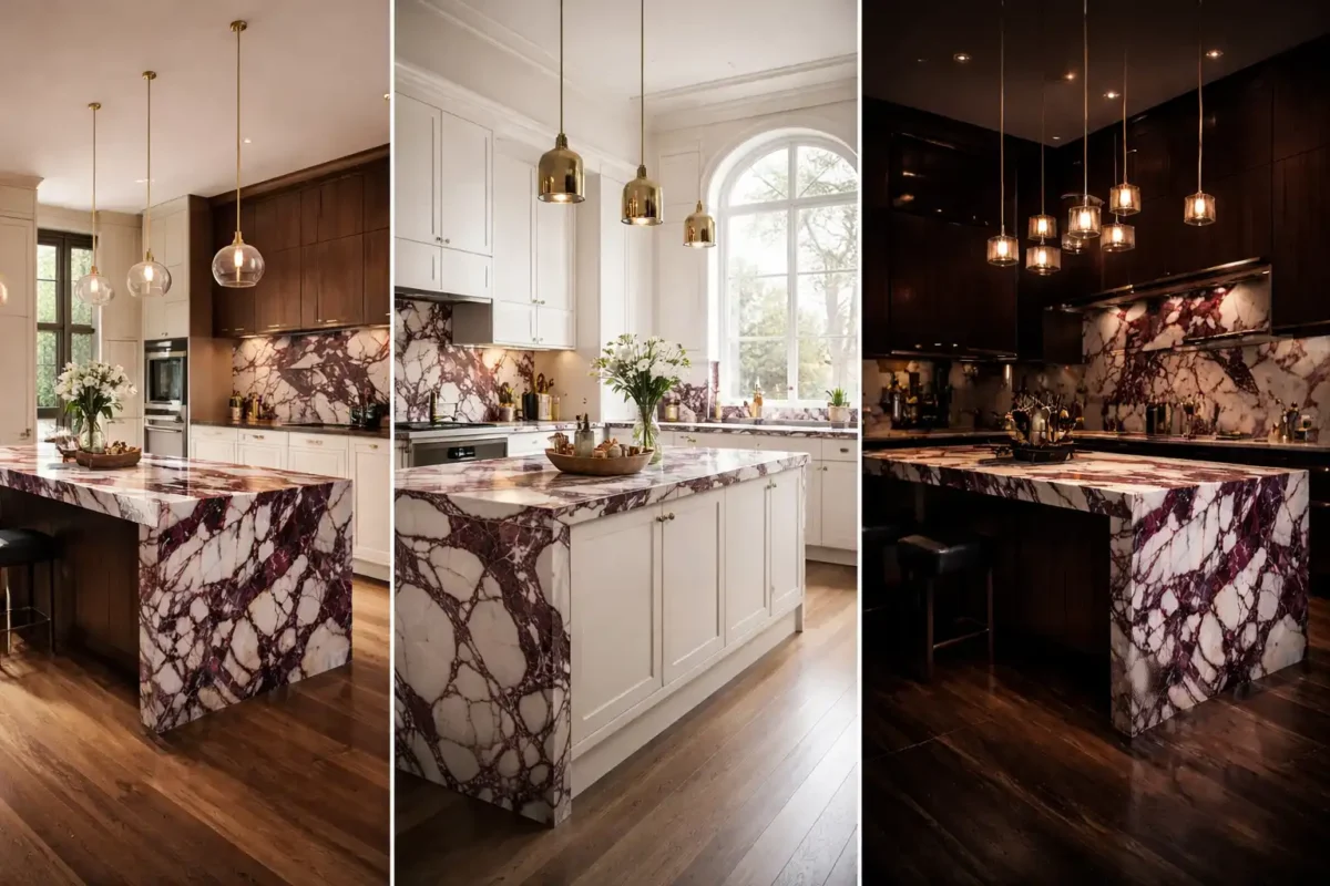 Viola marble kitchen collage with three luxury designs, waterfall island, modern cabinets, and dramatic burgundy veining interiors