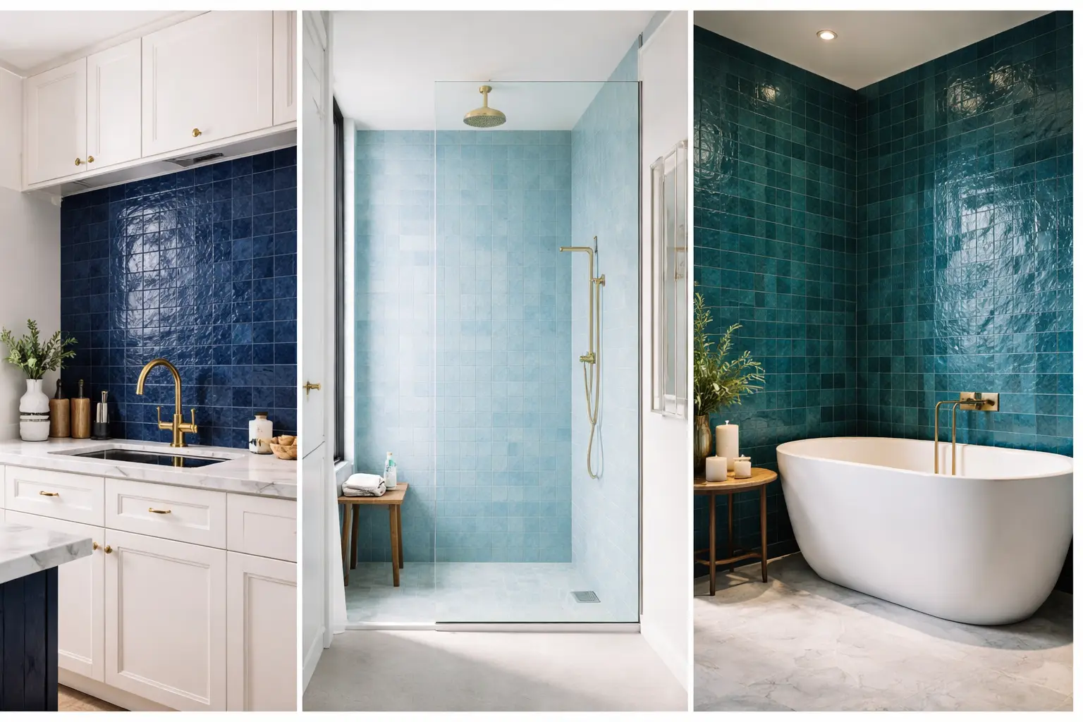 blue zellige tile ideas kitchen and bathroom designs collage backsplash shower and bathtub modern interiors