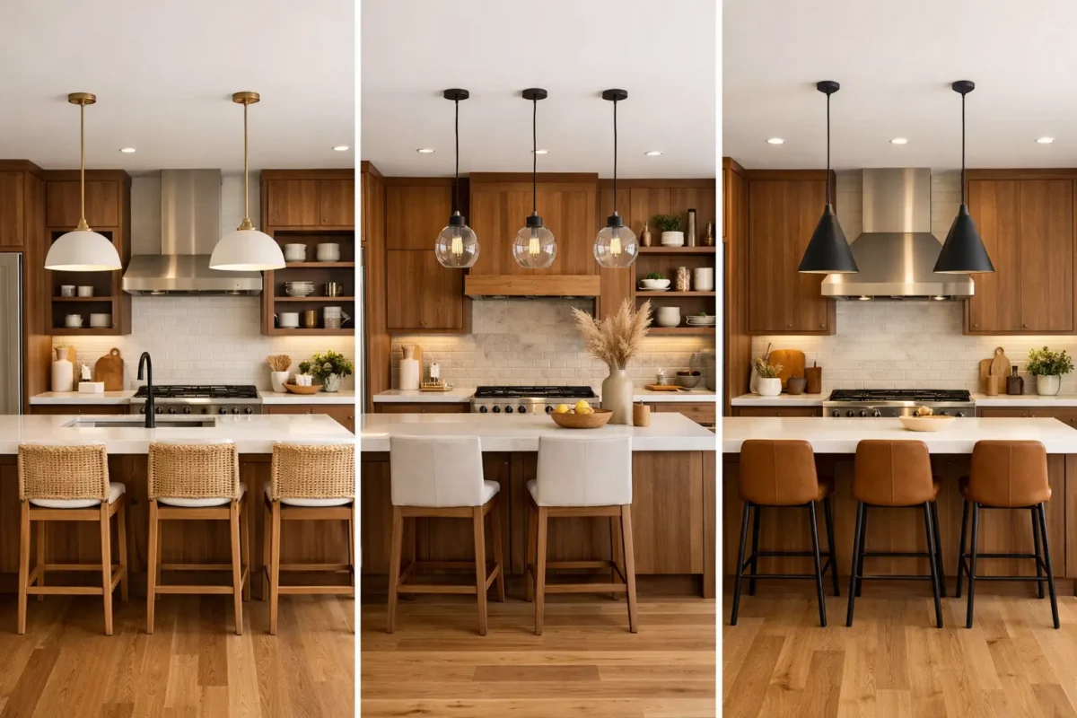 Three modern warm wood kitchens in a horizontal grid layout, white countertops, wooden cabinets, bar stools, pendant lighting, cozy modern kitchen design inspiration