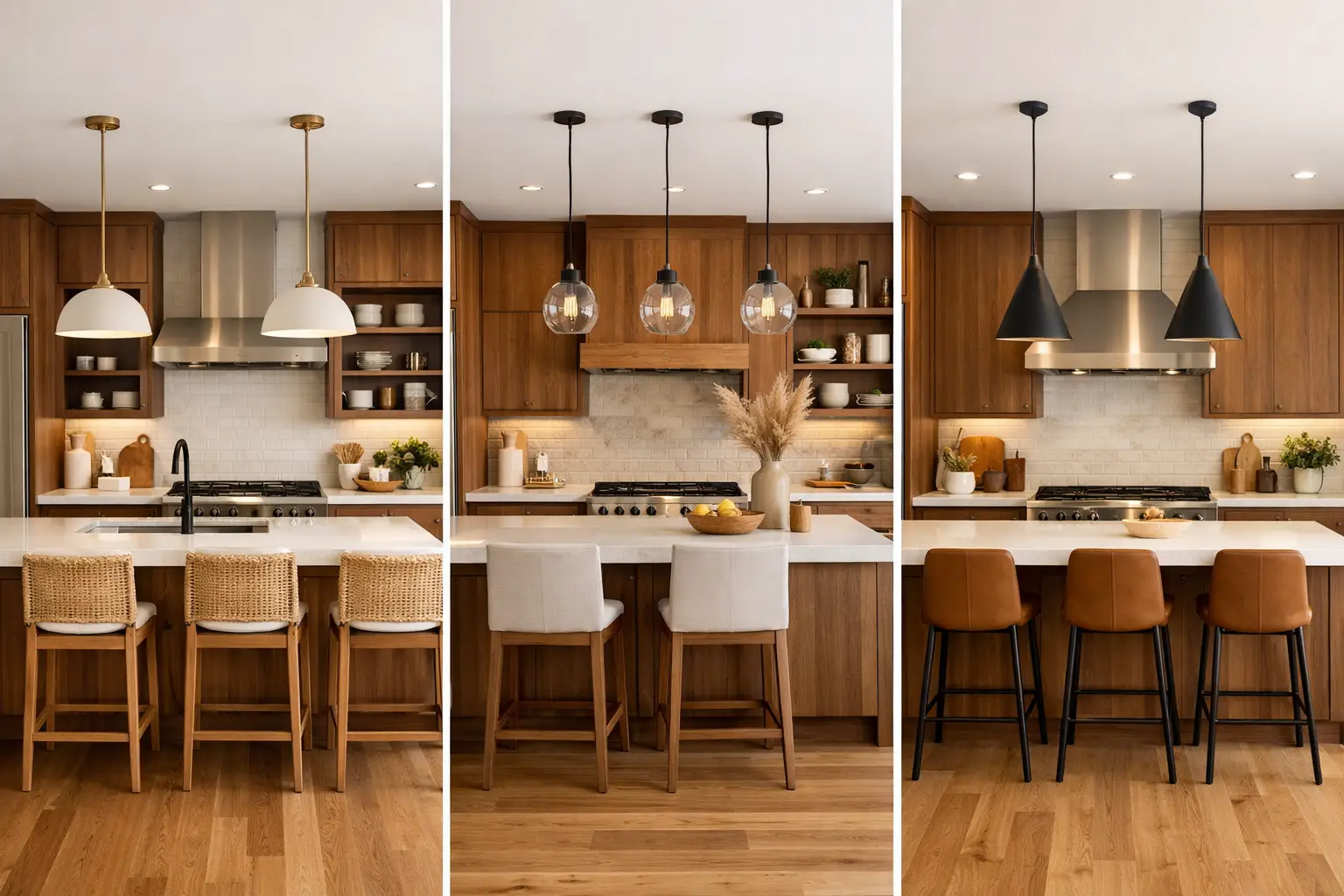 Three modern warm wood kitchens in a horizontal grid layout, white countertops, wooden cabinets, bar stools, pendant lighting, cozy modern kitchen design inspiration