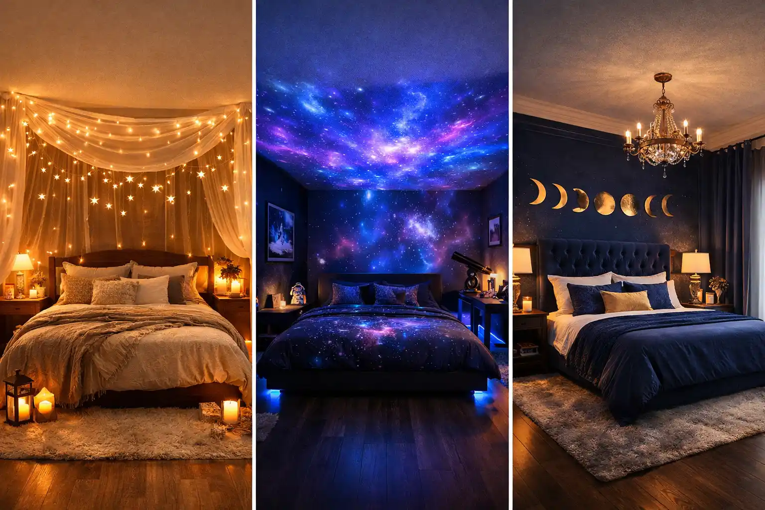 celestial bedroom ideas collage starry lights galaxy ceiling moon decor cozy aesthetic room