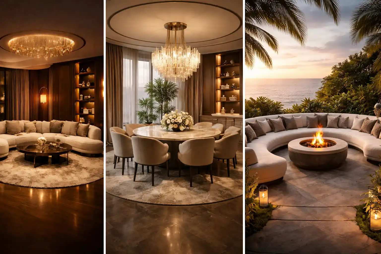 curved furniture ideas collage featuring luxury living room dining area and outdoor curved seating with warm lighting