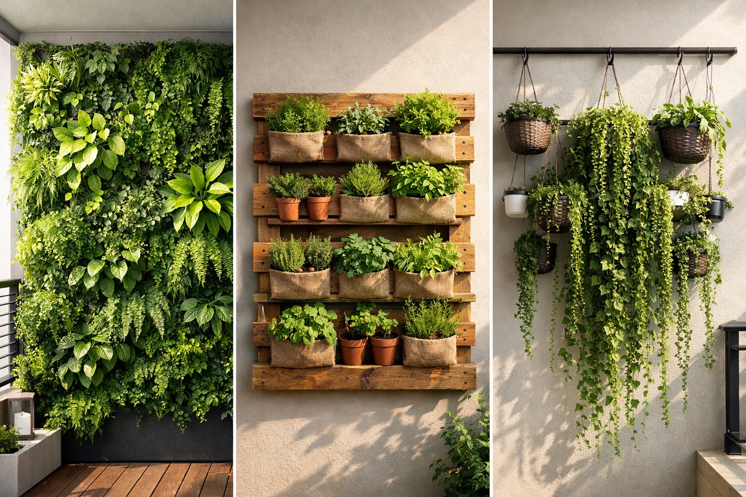 Three vertical garden Ideas in a horizontal grid showing a living wall garden, wooden pallet herb planter, and hanging basket wall garden for small balcony spaces.