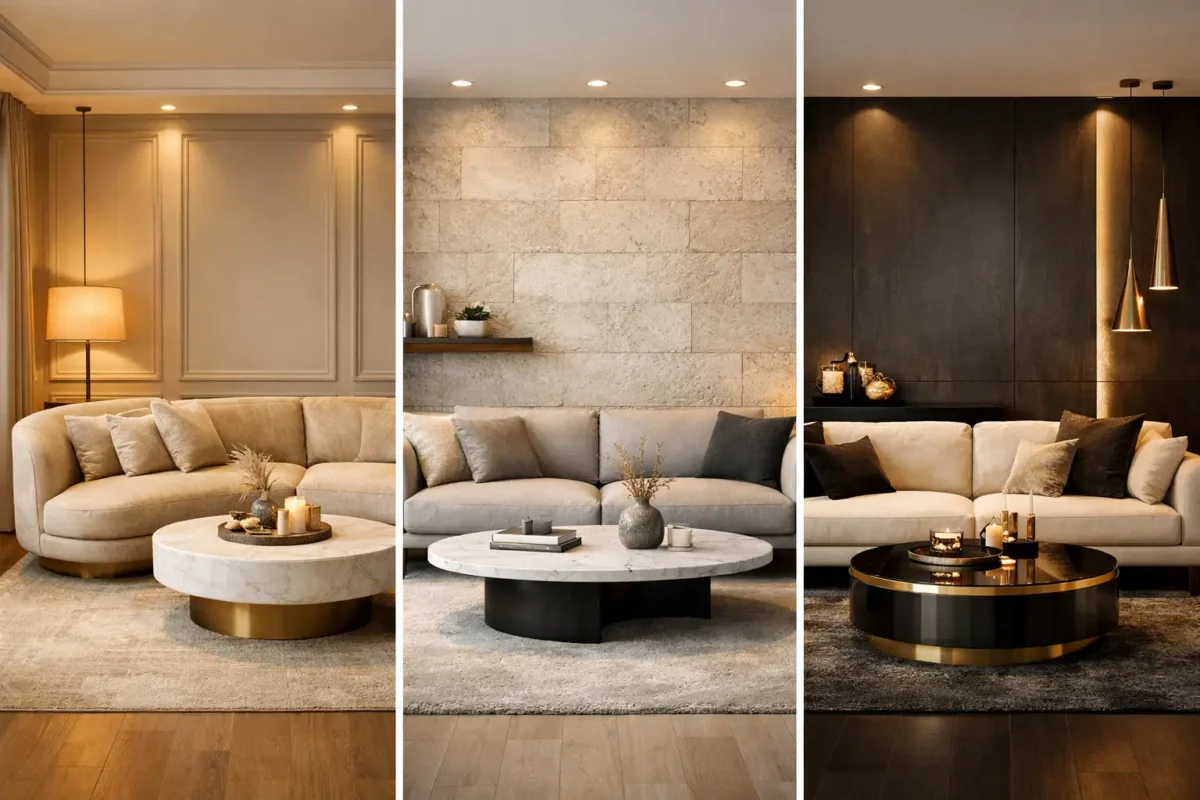 Modern small living room ideas collage featuring three luxury designer living rooms with marble coffee tables, neutral sofas, textured walls, and stylish lighting in a high end apartment interior design.