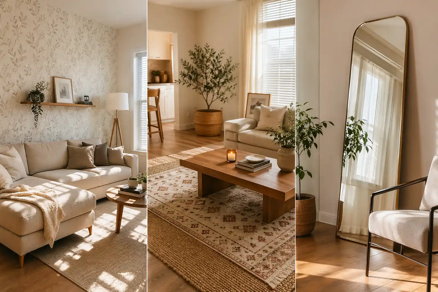 rental decor ideas collage wallpaper accent wall layered rugs cozy sofa large mirror natural light aesthetic apartment design