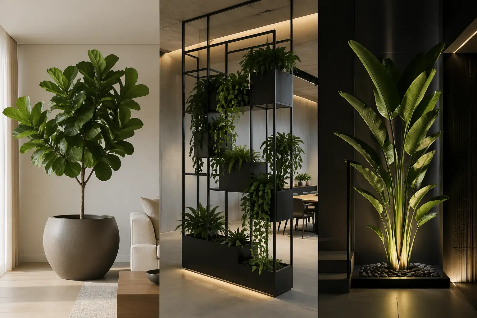 modern Sculptural Plant Ideas fiddle leaf fig geometric plant divider led plant styling luxury interior