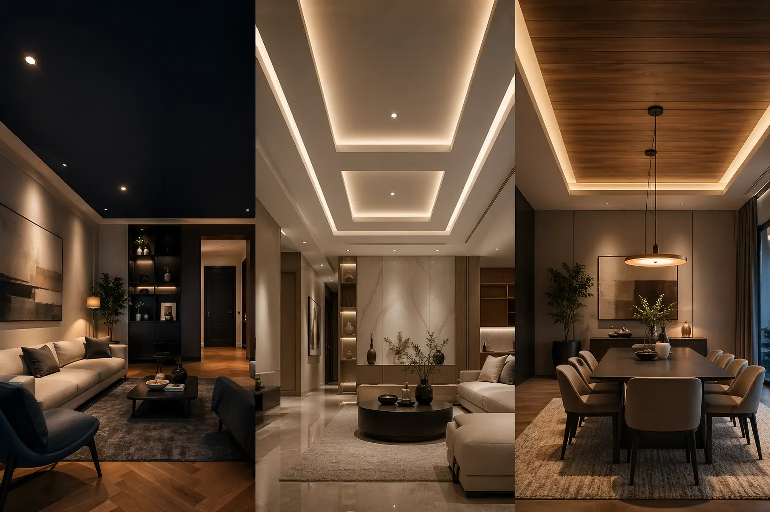 modern ceiling ideas collage with three interiors, dark painted ceiling living room, LED tray ceiling lighting design, wood panel ceiling dining room, luxury modern home interiors