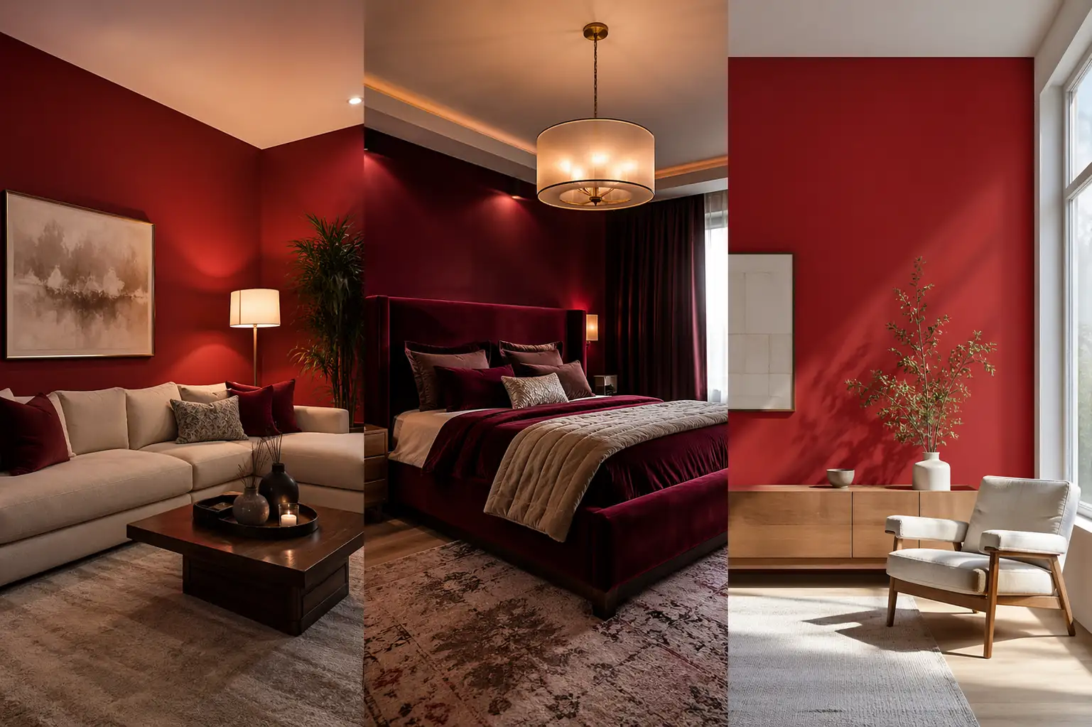 cherry red room ideas collage living room bedroom modern interior bold red walls luxury decor aesthetic home design inspiration