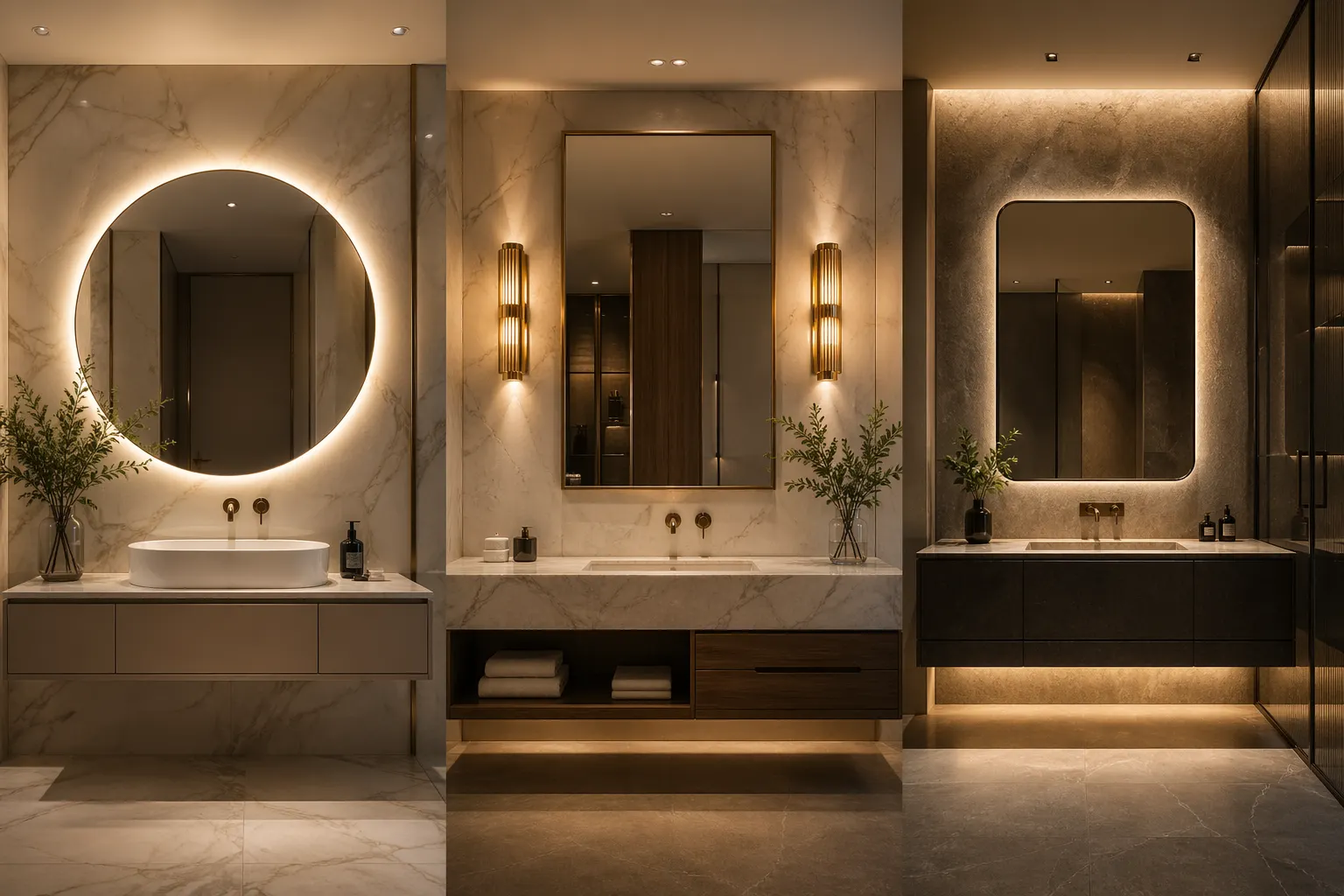 Luxury Bathroom Lighting Ideas collage with three modern vanity designs including round backlit mirror, wall sconces, and LED mirror lighting creating a high end hotel style look