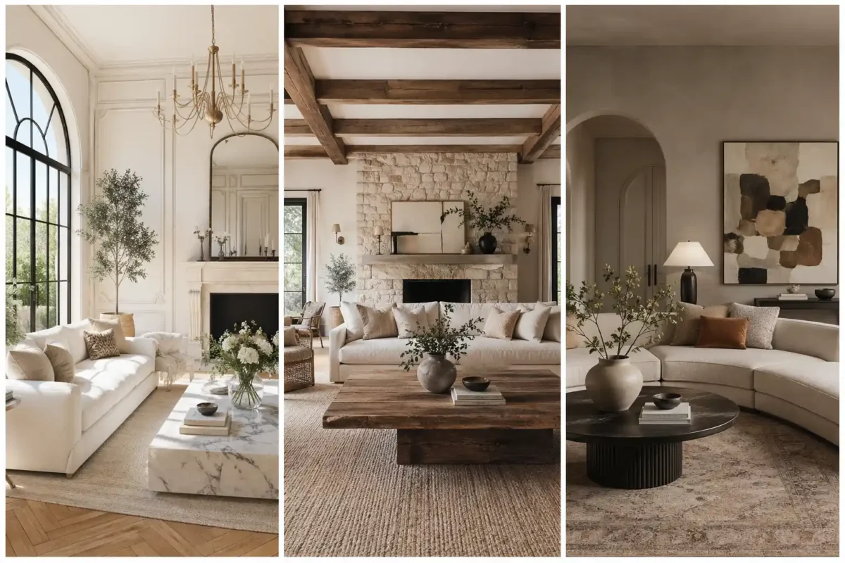 French living room ideas collage with three designs, Parisian elegant space, rustic beam interior, and modern neutral French living room style