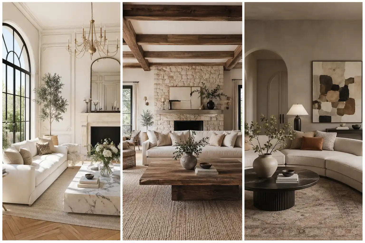 French living room ideas collage with three designs, Parisian elegant space, rustic beam interior, and modern neutral French living room style