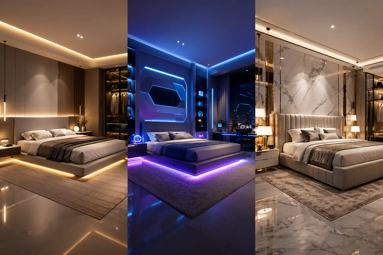 modern luxury bedroom Aesthetic Ideas collage with three styles, minimal LED bedroom, futuristic RGB bedroom setup, marble gold luxury bedroom, high end modern bedroom aesthetic ideas, premium interior design inspiration