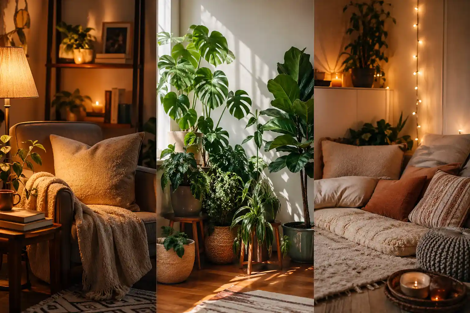 cozy corner ideas with reading nook armchair warm lamp indoor plant corner monstera greenery floor seating cushions fairy lights aesthetic small space decor ideas