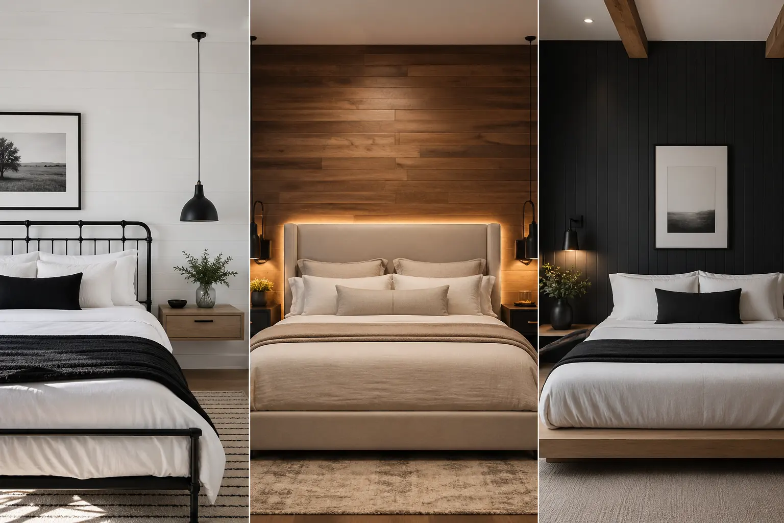 modern farmhouse bedroom ideas collage with three panel grid, black and white bedroom with metal bed frame, warm wood panel bedroom with LED lighting, dark accent wall bedroom with neutral bedding, clean modern interior design, high-end farmhouse style