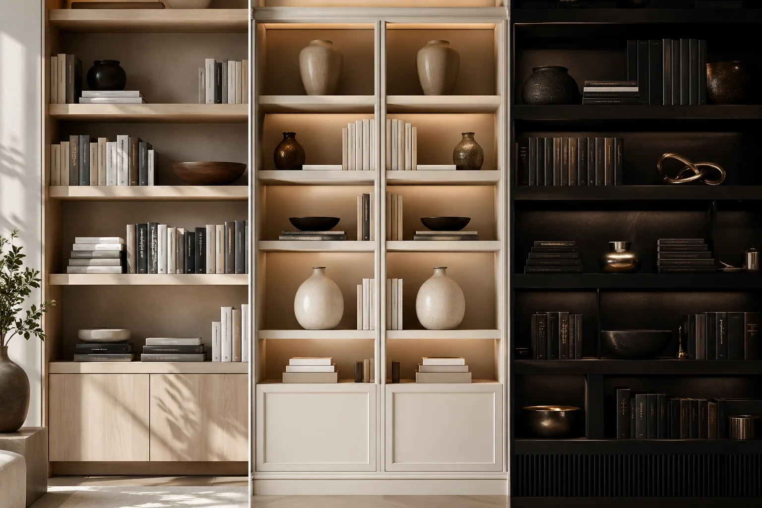 modern bookshelf styling with three panel grid layout, neutral beige shelves on left, symmetrical luxury shelf in center with soft lighting, dark moody black shelves on right, books and decor arranged cleanly, high-end interior bookshelf design