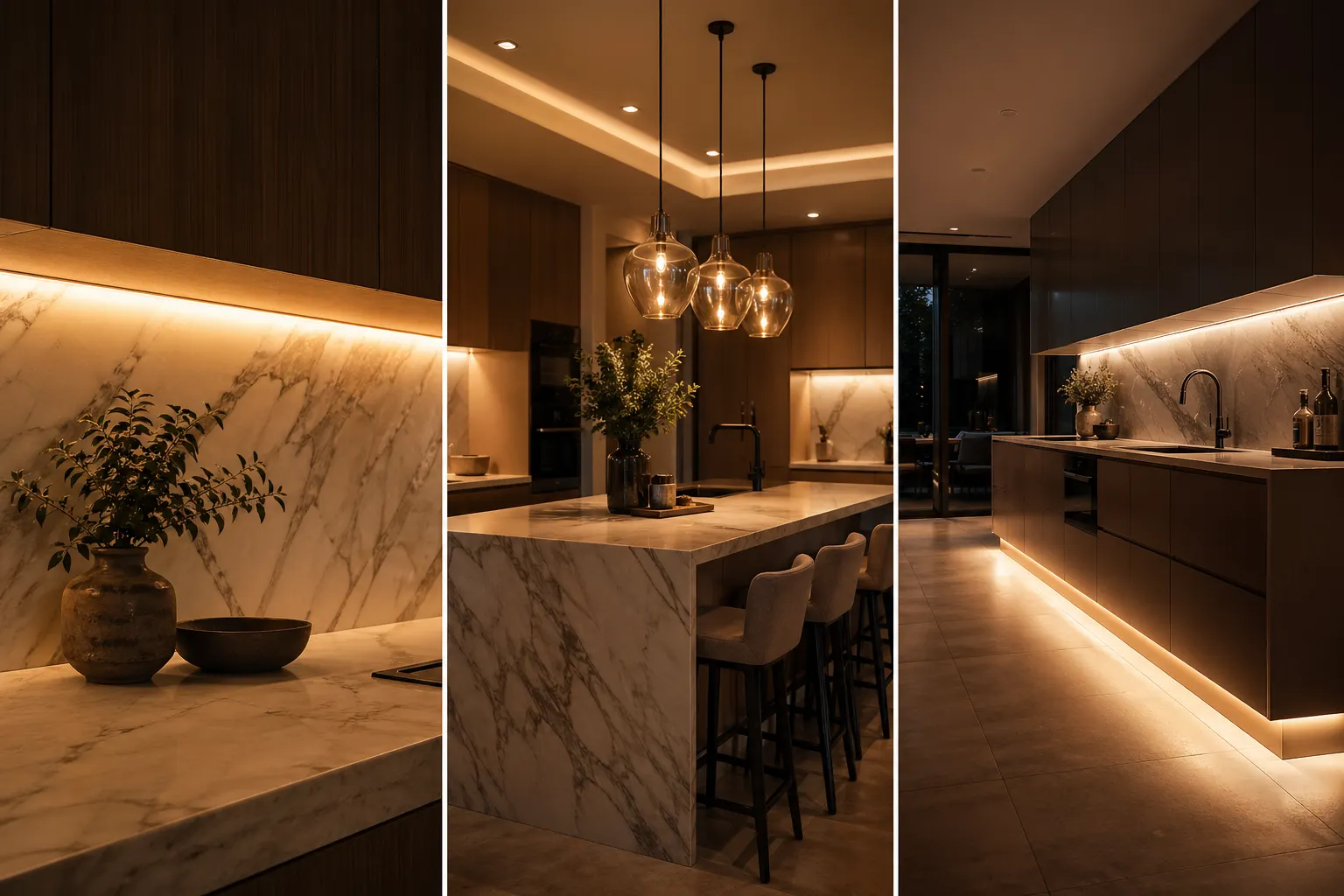 modern kitchen lighting ideas collage featuring three sections with warm under cabinet LED lighting on marble backsplash, elegant pendant lights above marble island, and toe kick floor lighting creating floating cabinet effect, luxury kitchen design with cozy ambient lighting