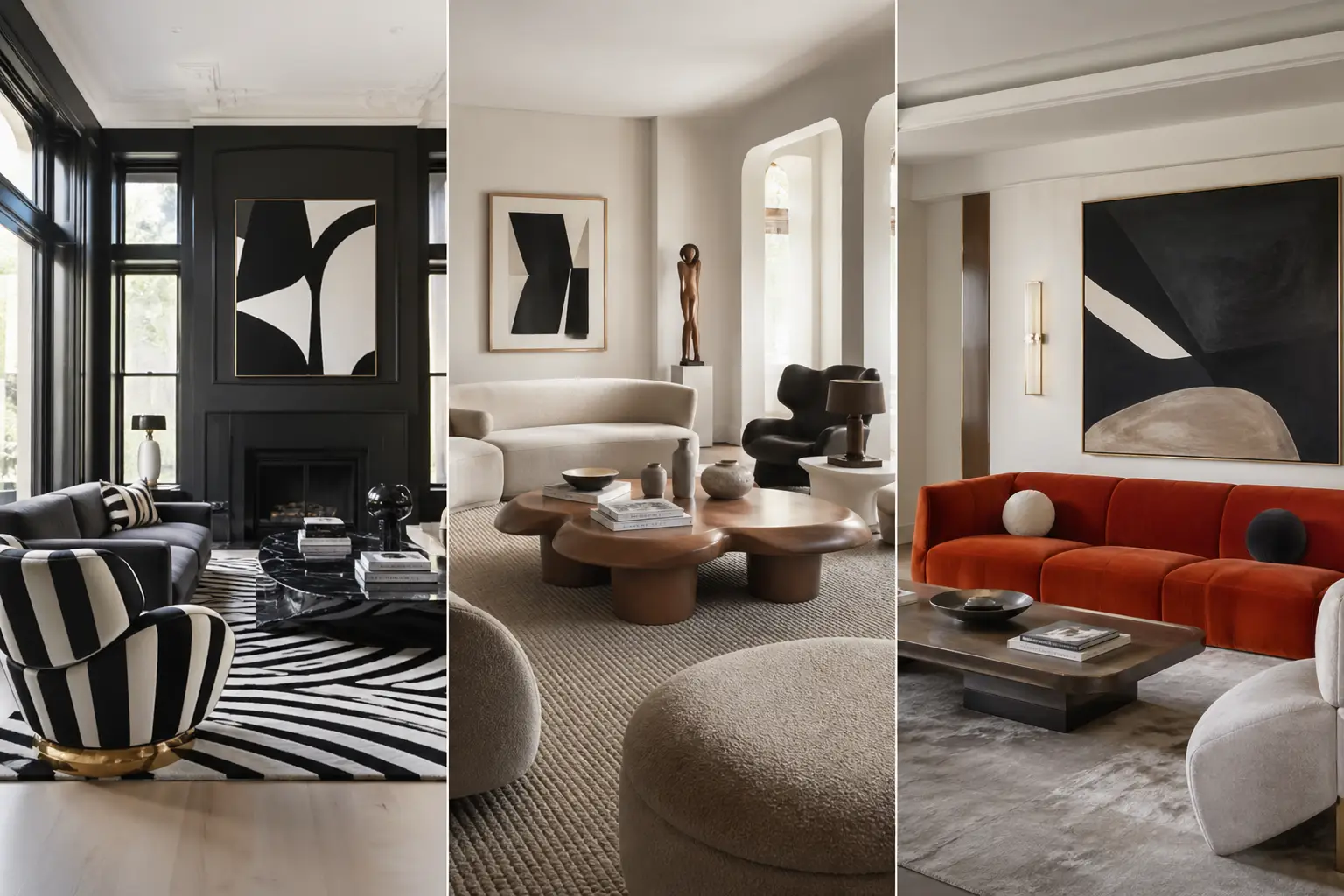 modern eclectic living room ideas collage with three sections, black and white high contrast interior, sculptural neutral living room with curved sofa, bold red sofa contemporary space, luxury interior design, modern home decor inspiration