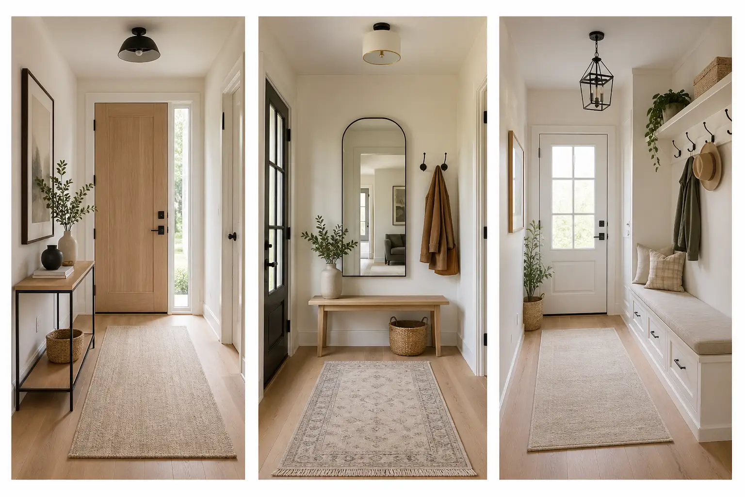 small entrance hall ideas collage featuring three modern entryway designs with slim console table, mirror setup, built in bench with storage, wall hooks, neutral tones, wooden flooring, bright natural lighting, minimalist narrow hallway decor inspiration