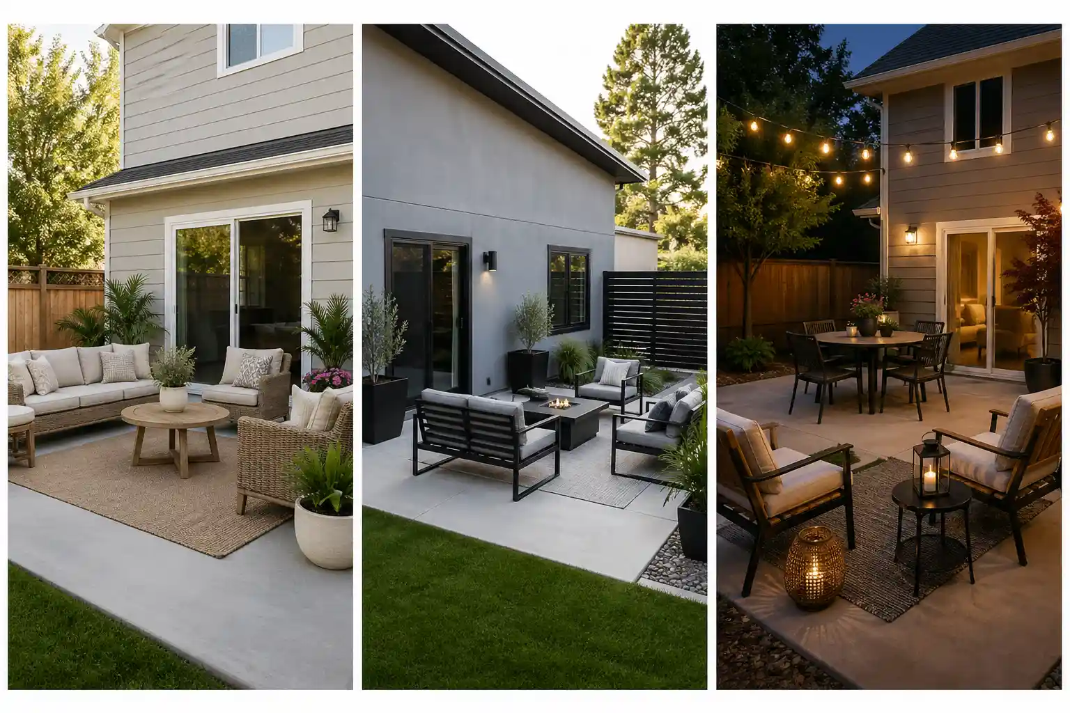 modern concrete patio ideas collage showing three outdoor setups including cozy seating area with neutral sofa and rug, minimalist patio with black metal furniture and planters, and evening patio with string lights dining setup, clean backyard design inspiration