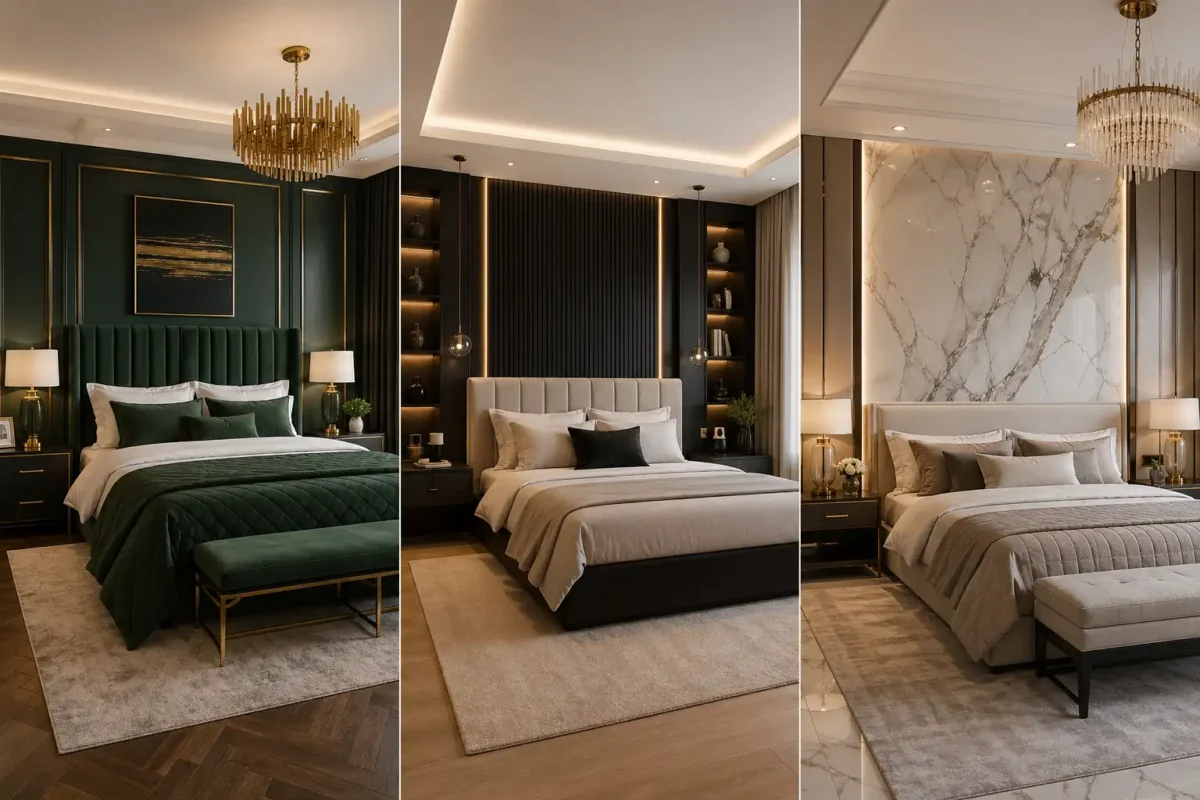 luxury bedroom collage featuring three high end designs, dark green gold bedroom, modern beige black bedroom, marble accent wall bedroom, chandelier lighting, upholstered beds, layered bedding, soft ambient lighting, clean symmetrical layouts, premium interior design inspiration, modern luxury bedroom styles
