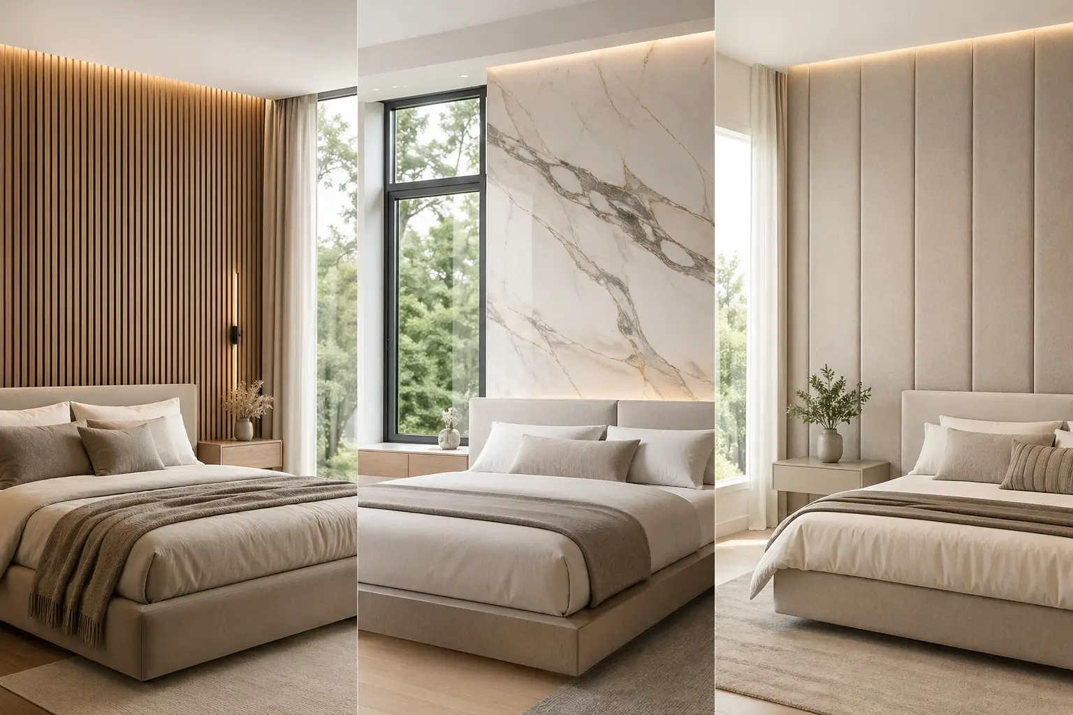 Horizontal 3 panel grid luxury bedroom accent wall ideas with windows featuring fluted wood panels marble slab wall and upholstered panels with soft lighting and neutral modern decor