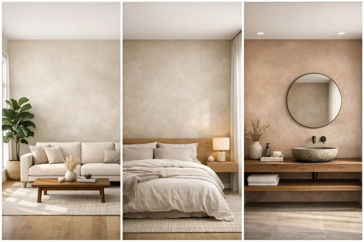 Modern DIY Limewash Paint Projects collage showing living room, bedroom, and bathroom interiors with textured neutral limewash walls and minimalist home styling inspiration